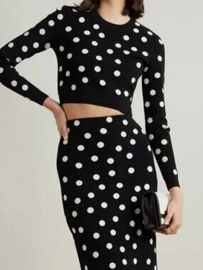 Carolina Herrera Women's Black White Knit Cropped Polka Dot Sweater Size S